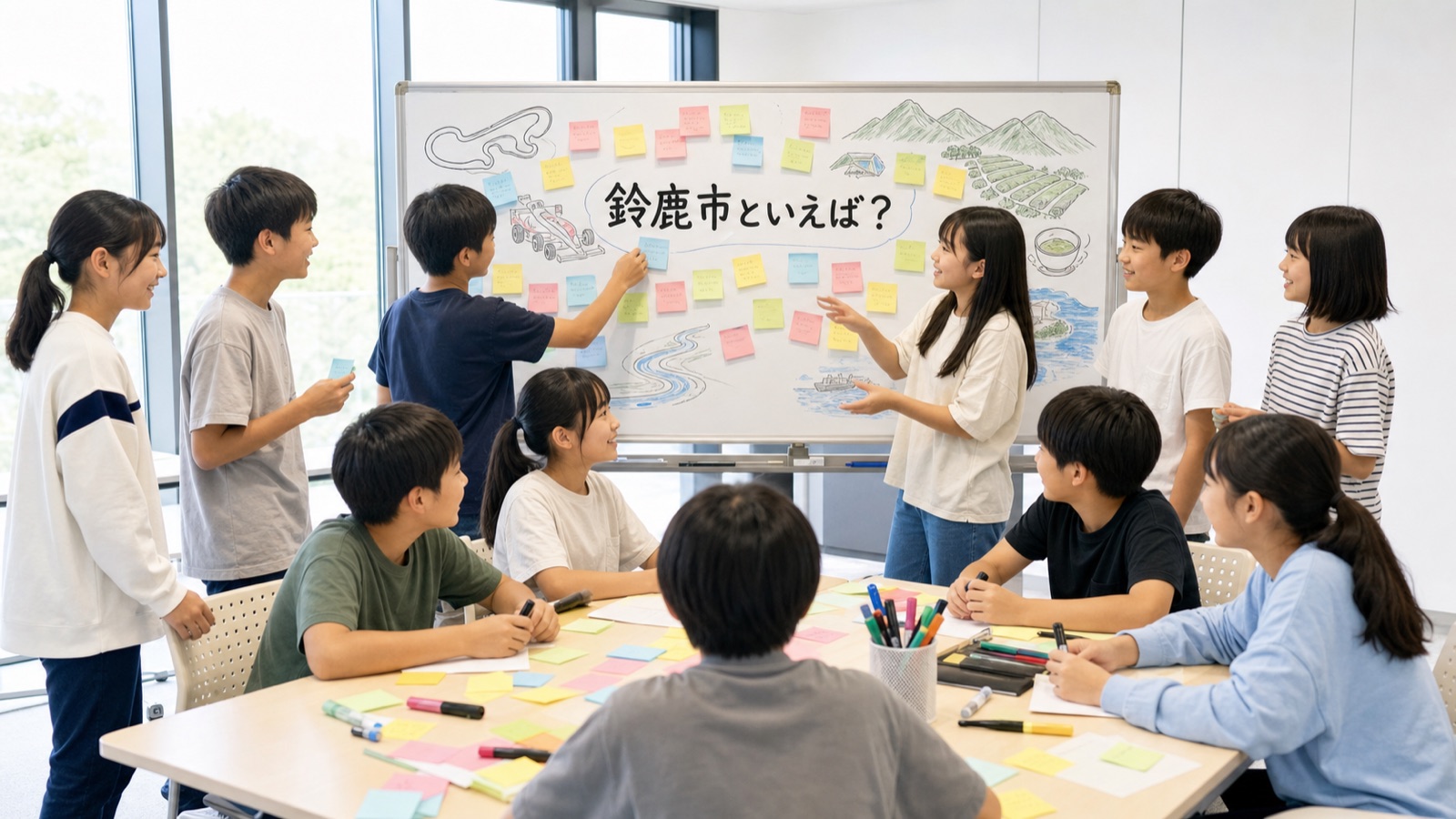 ホワイトボードに「鈴鹿市といえば？」と書き、付箋でアイデアを出し合う参加者たち